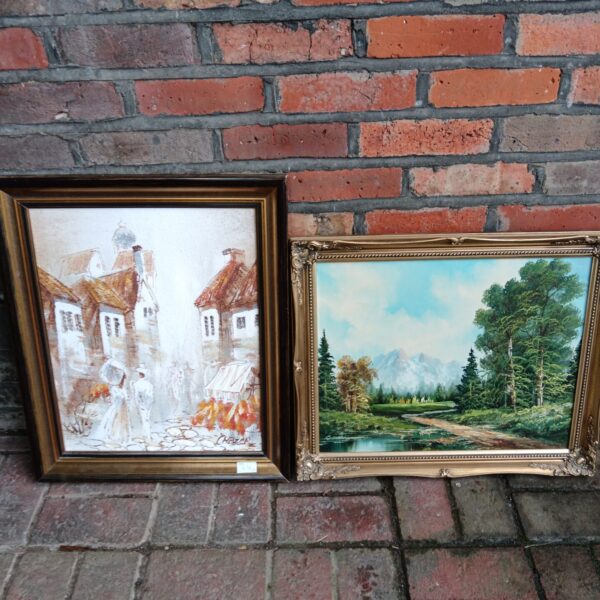 Vintage oil painting of a classical street scene with figures.