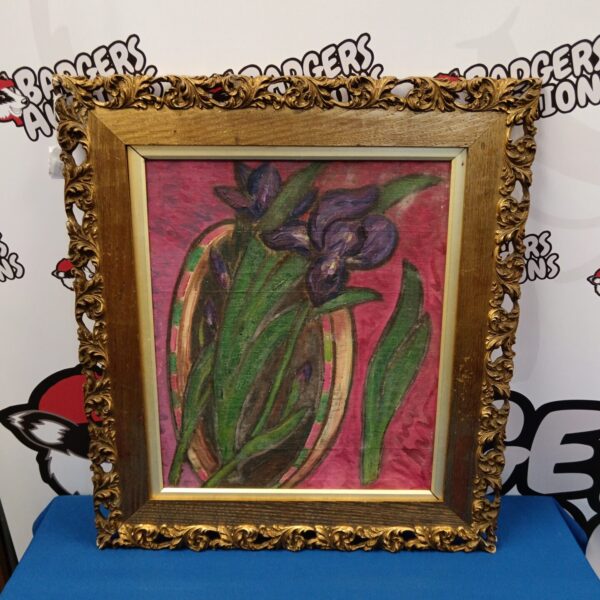 Early 20th century iris oil painting in ornate gilt frame.