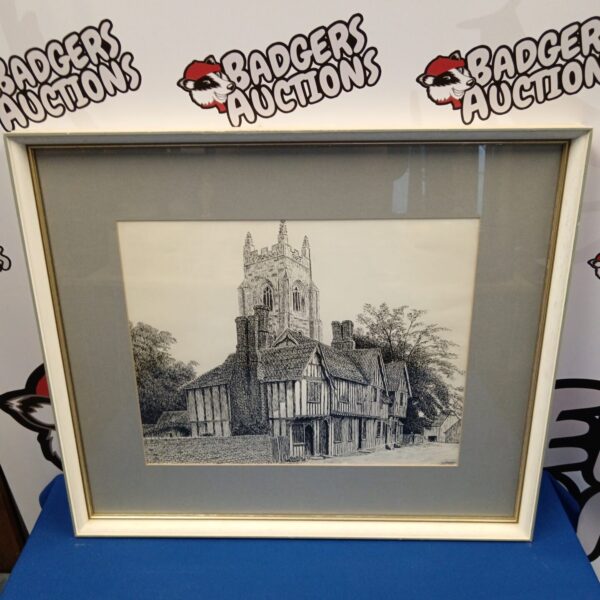 Vintage pen and ink artwork of Stoke by Nayland Church by E K Rossell.
