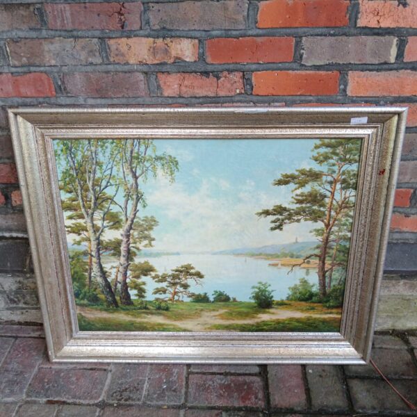 Vintage Hein Schlichting oil painting of a woodland lake landscape.