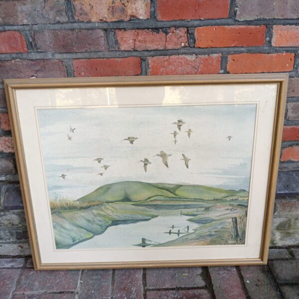 Simon Trinder watercolour painting of birds flying over a valley.