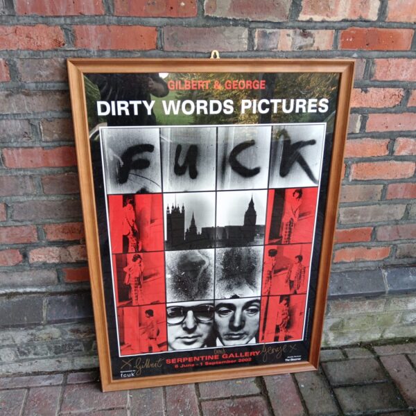 Signed Gilbert & George Serpentine Gallery poster featuring provocative imagery.