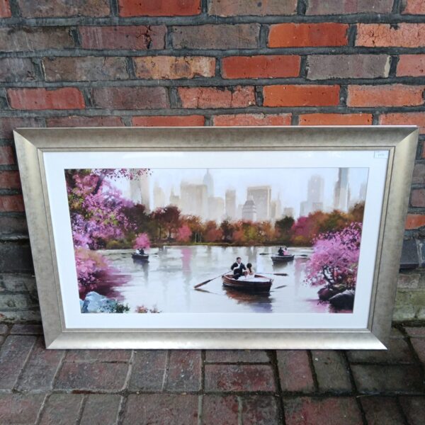 Vintage Macneil print of couples boating on Central Park Lake in New York.