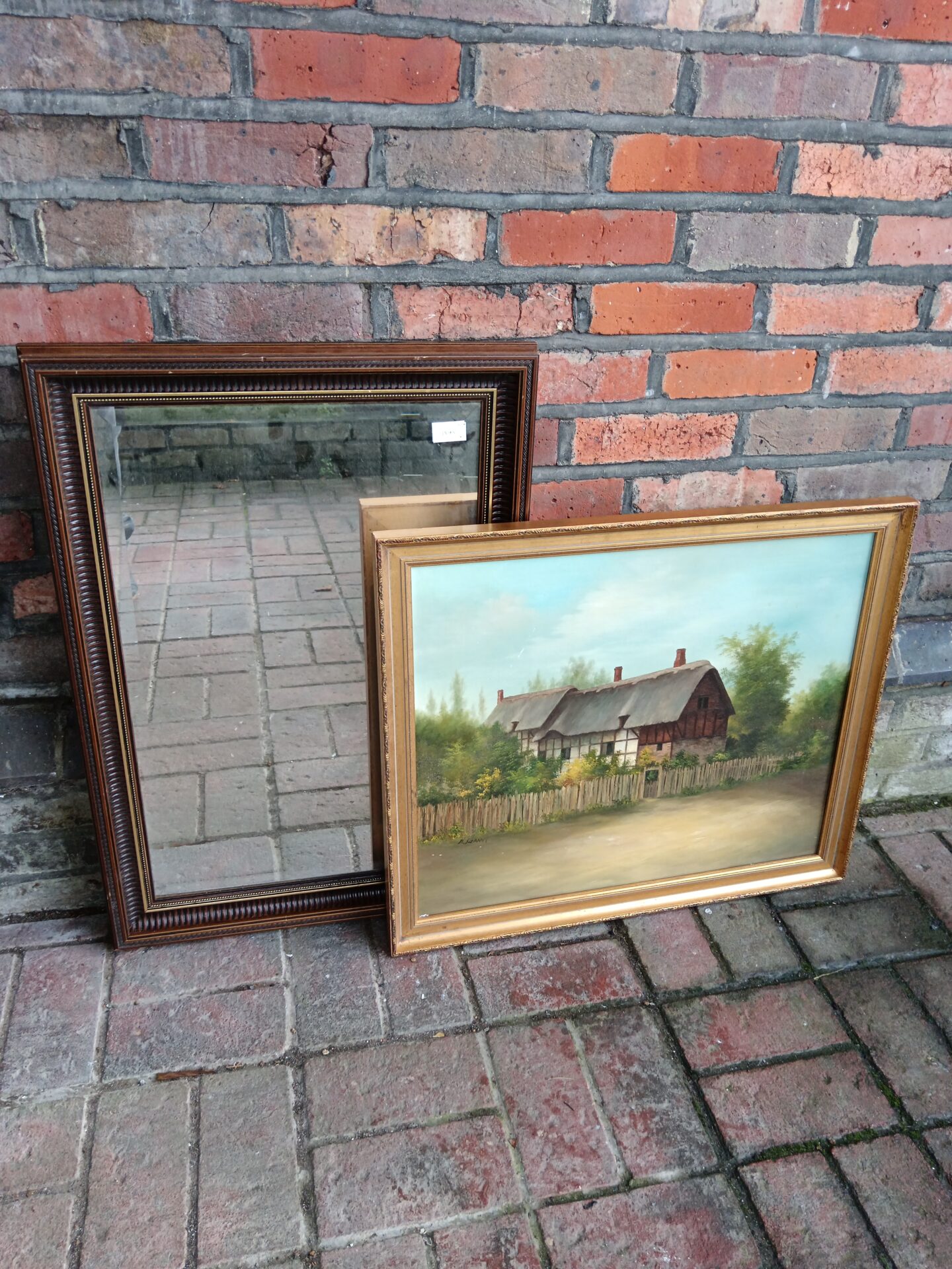 721 R grant gilt framed oil painting of a thatched cottage & rectangular bevel edged mirror