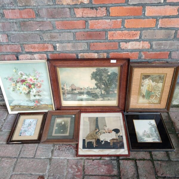 Vintage framed landscape print with a serene river scene.