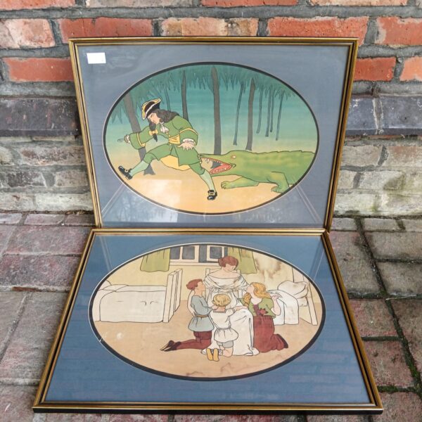 Vintage Peter Pan chromolithograph featuring Captain Hook in pursuit.