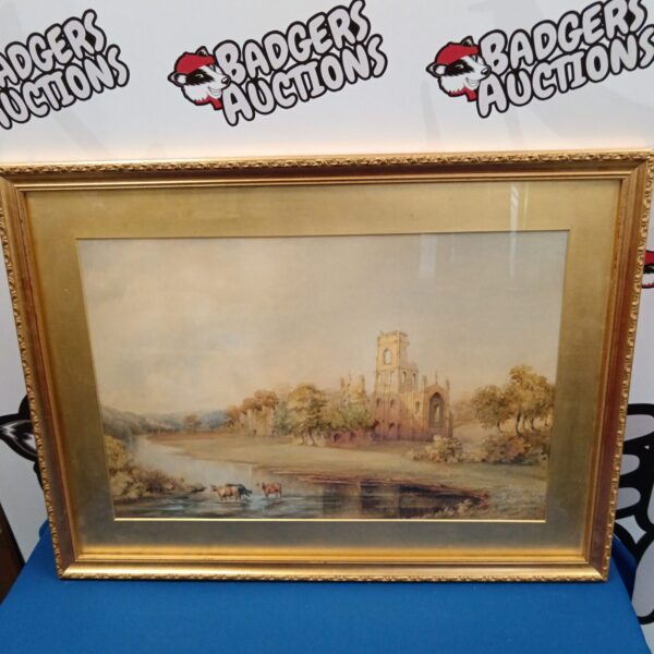 Antique watercolour painting of Kirkstall Abbey by Henrietta Lloyd.
