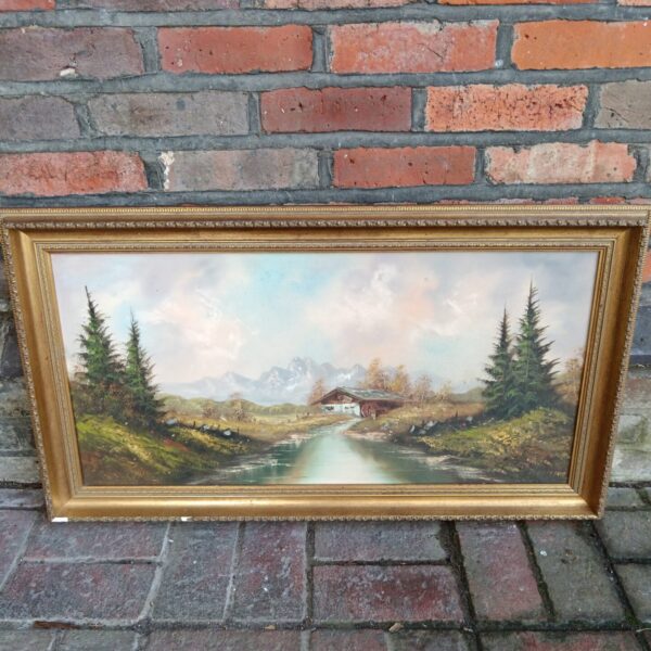 Vintage oil painting of a water mill in a mountain landscape.