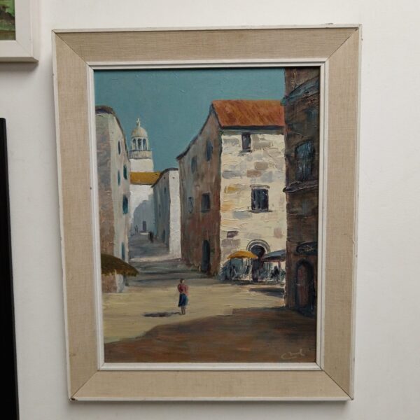 Signed oil painting of a street scene in Korcula, Croatia.