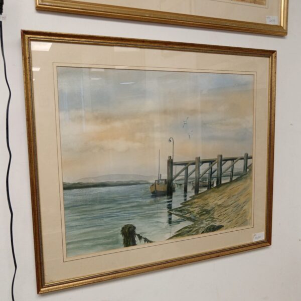 Signed watercolour painting of boats in a harbour by S Trinder.