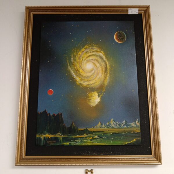 Vibrant oil painting of a spiral galaxy by D Weston.