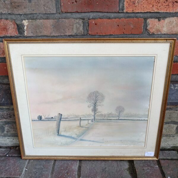 Signed S T Trinder watercolour painting of a winter farmland landscape.