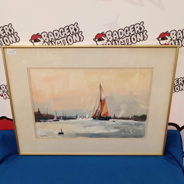 Signed John Tooley watercolour painting of sailboats on a backwater.