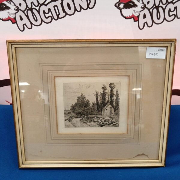 Antique Camille Pissarro woodblock print of a cottage scene.