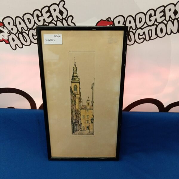 Antique German church spire woodblock print with hand colouring.