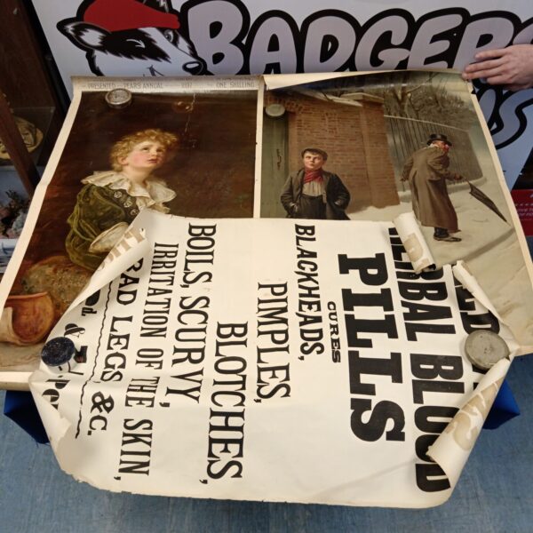 Antique advertising posters for Baldwin's Blood Pills and Pears Soap.