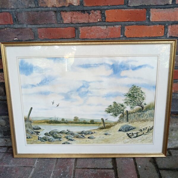 Signed S Trinder watercolour painting of a country lake with ducks.