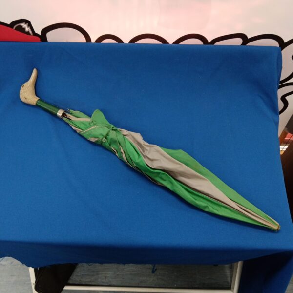 Vintage duck head umbrella with green canopy.