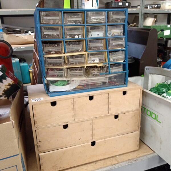 Vintage machinist and crafting drawers with contents for small parts storage.