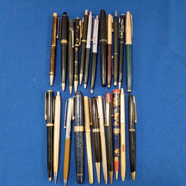 Vintage ballpoint pen collection featuring Minka and Messenger pens.