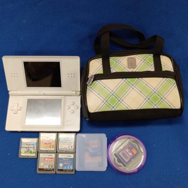 Nintendo DS Lite console with included Mario game, portable gaming system.