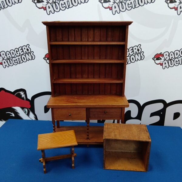 Vintage Welsh dresser miniature with table, folk art style.