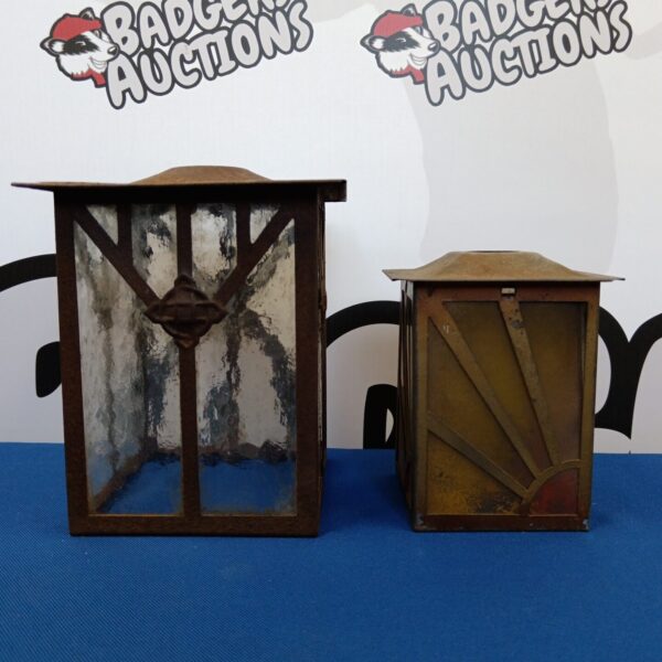 Pair of vintage Art Deco lantern shades with glass panels.