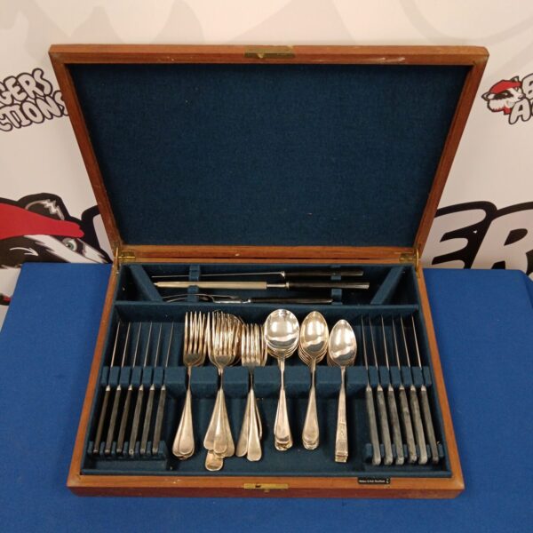 Vintage Walker & Hall silver plate cutlery set displayed in a wooden box.