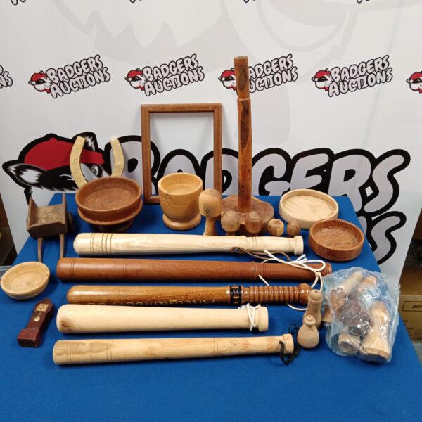 Vintage wooden lot with rounders bats and bowls.