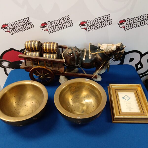 Vintage porcelain horse and cart with brass bowls and gilt frame.
