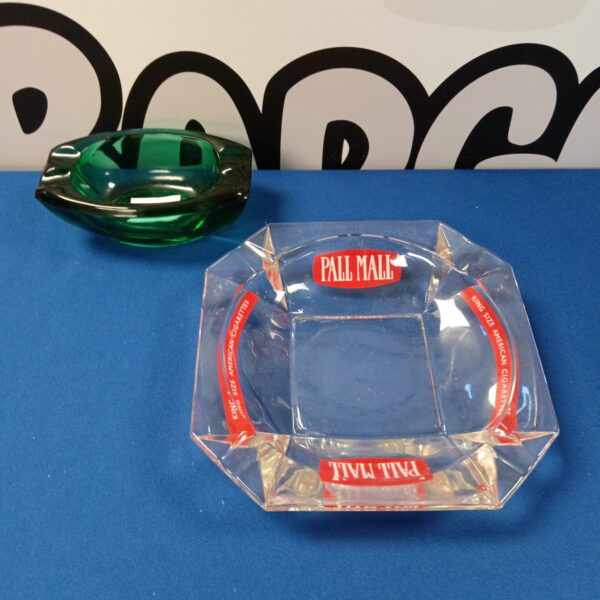 Vintage green art glass Pall Mall ashtray, collectible mid-century design.