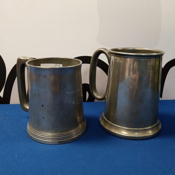 Antique pewter tankards with glass bottom, collectible English pewter mugs.