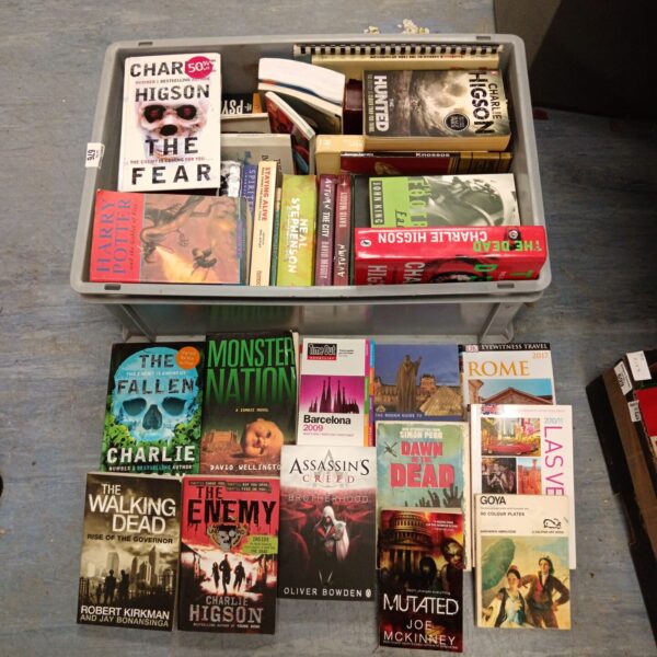 Tray of mixed paperback books including fiction and travel guides.