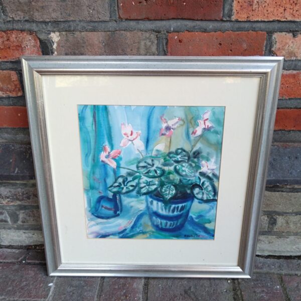 R Hollis 1992 signed watercolour still life painting of flowers.