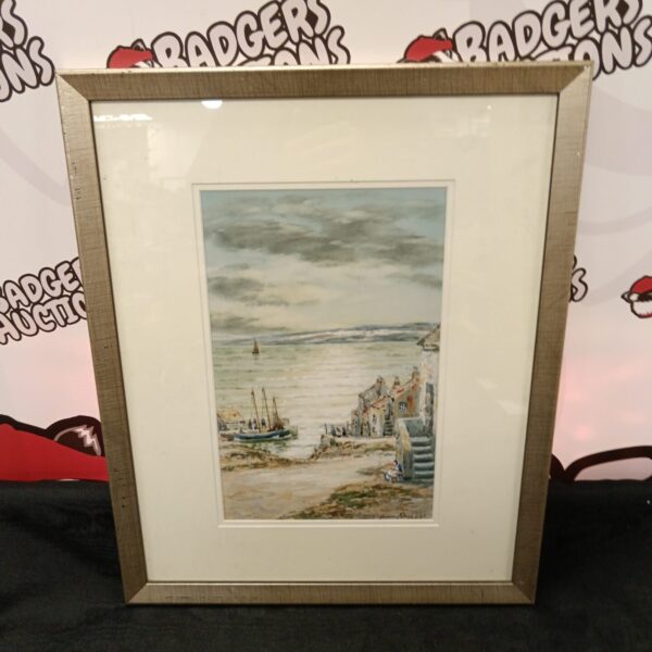 Signed watercolour painting of a Cornwall harbour scene.