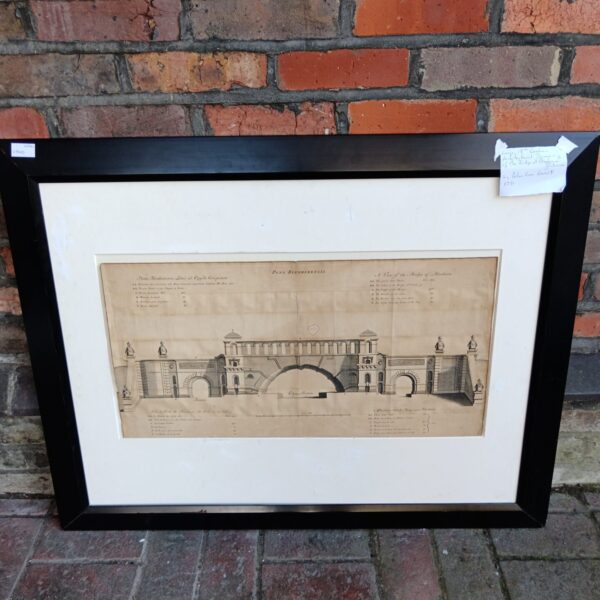 Antique 18th-century drawing of Blenheim Palace bridge by Peter van Gunst.