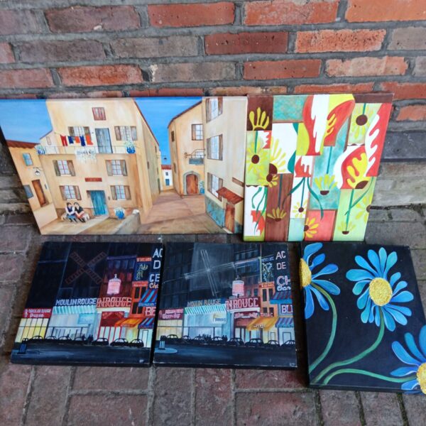 Vintage lot of five oil paintings featuring Moulin Rouge and Mediterranean scenes.