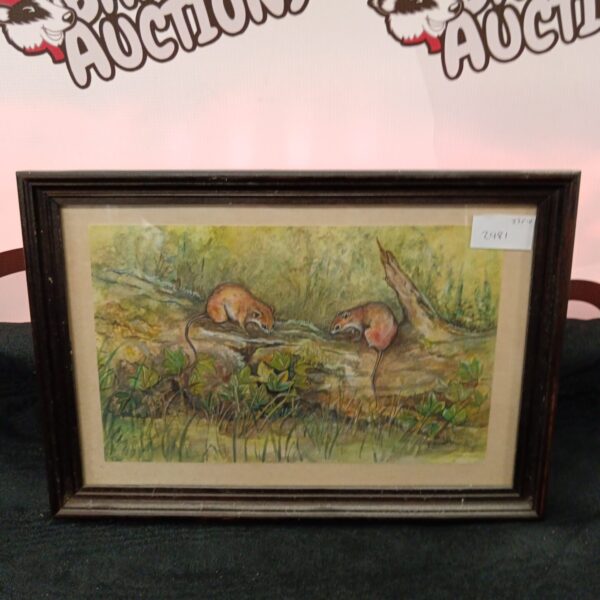 Signed R Timney watercolour painting of field mice on a log.