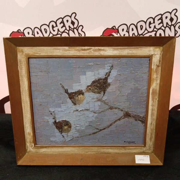 Vintage oil painting of finches by A. Hance on a branch.