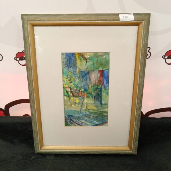 Abstract watercolour painting of a rowboat in vibrant colours.