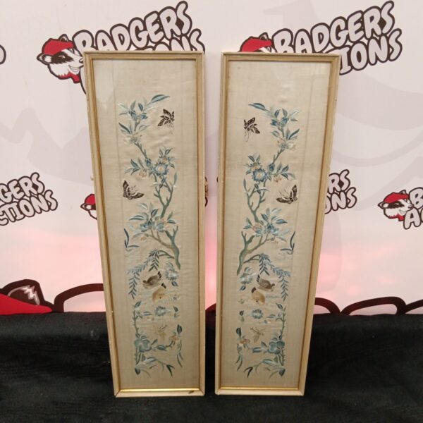 Antique oriental silk embroidery panel featuring birds and butterflies.