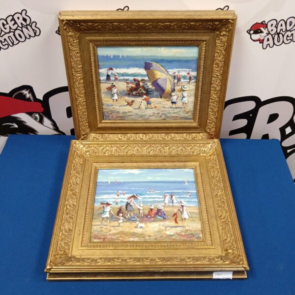 Pair of vintage Roy Pettitt Victorian beach paintings in gilt frames.
