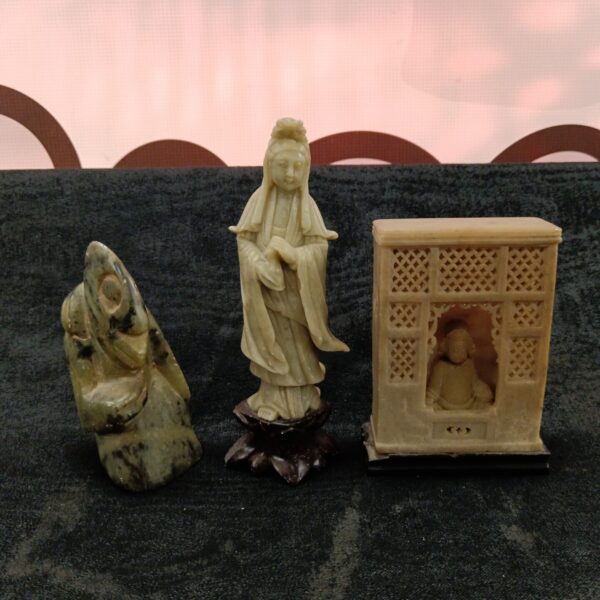 Antique oriental soapstone carvings set of three figurines.