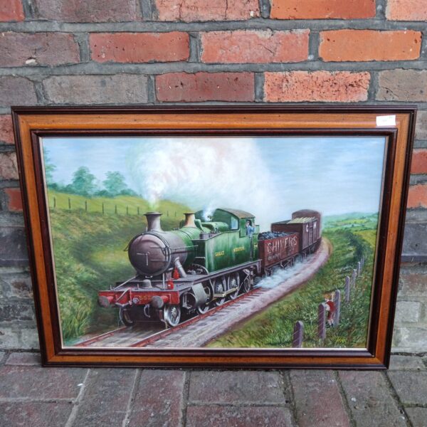 Oil painting of GWR 5572 steam train in a rural landscape.