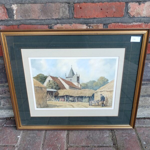 Vintage watercolour painting of a farm scene by Philip Bear with a church steeple.