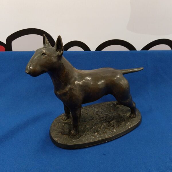 Detailed bronzed resin English Bull Terrier sculpture for collectors.