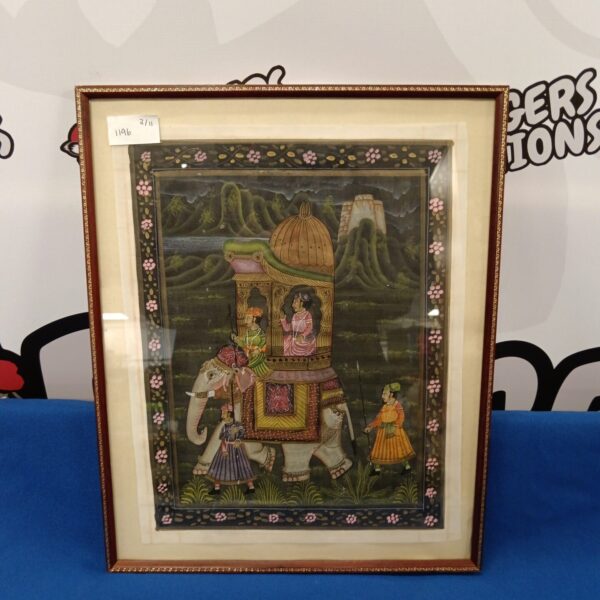 Vintage Indian oil painting of a royal procession on silk.