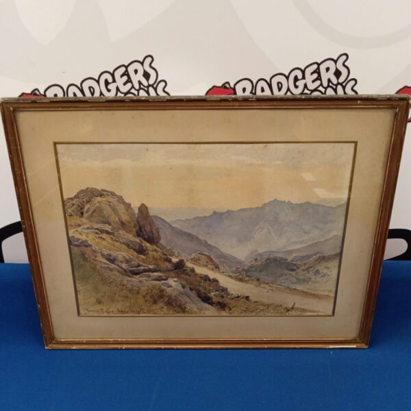 Antique watercolour painting of a serene mountain valley landscape.