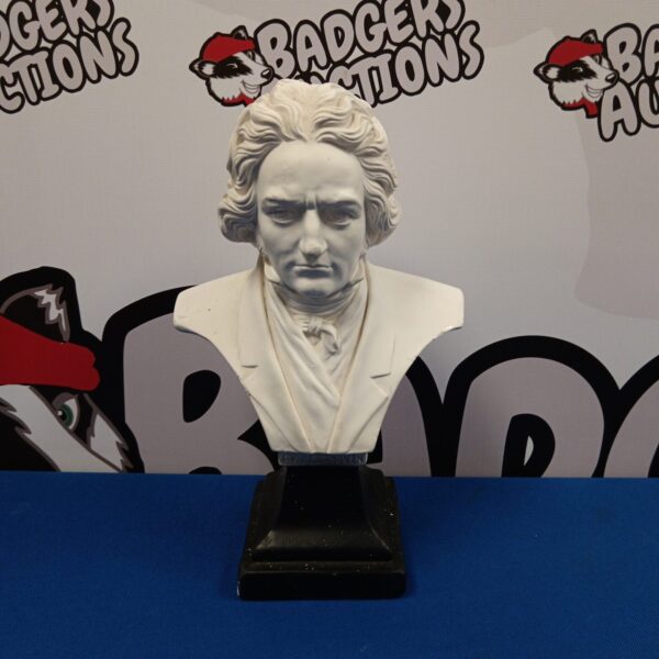 Detailed plaster cast bust of Beethoven, a classical sculpture.