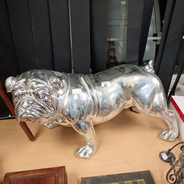 Large chrome fibreglass bulldog statue for retro decor.